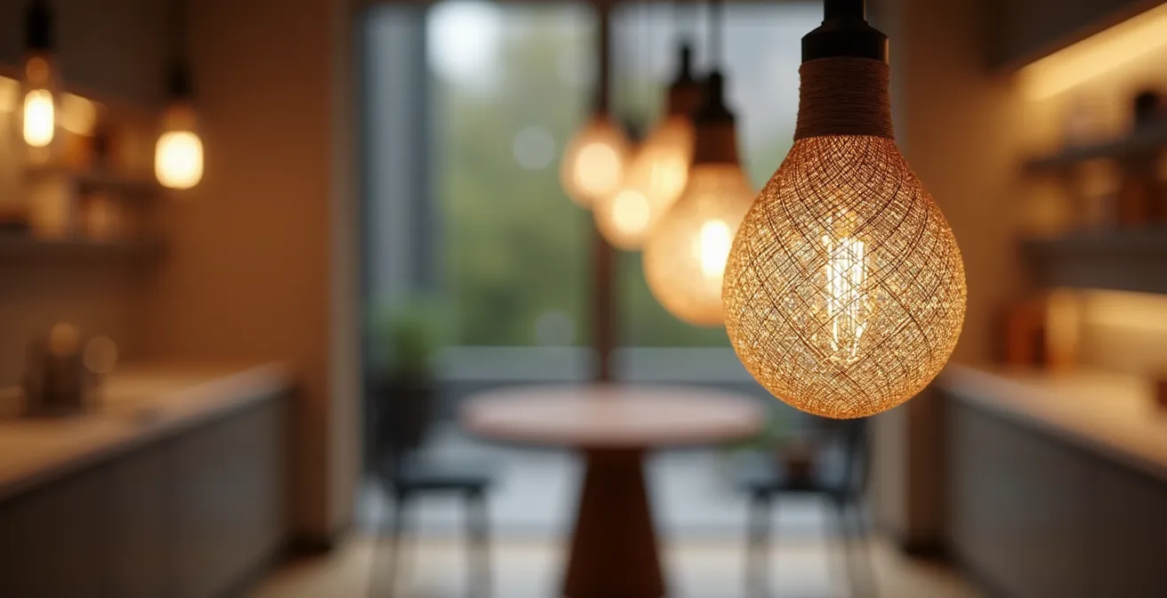 Intérieur d'une maison de ville étroite avec aménagement vertical optimisé et suspensions décoratives