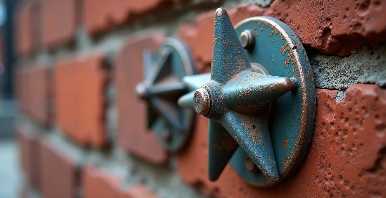 Détail macro d'un ancrage à plaque étoile sur un mur de brique centenaire
