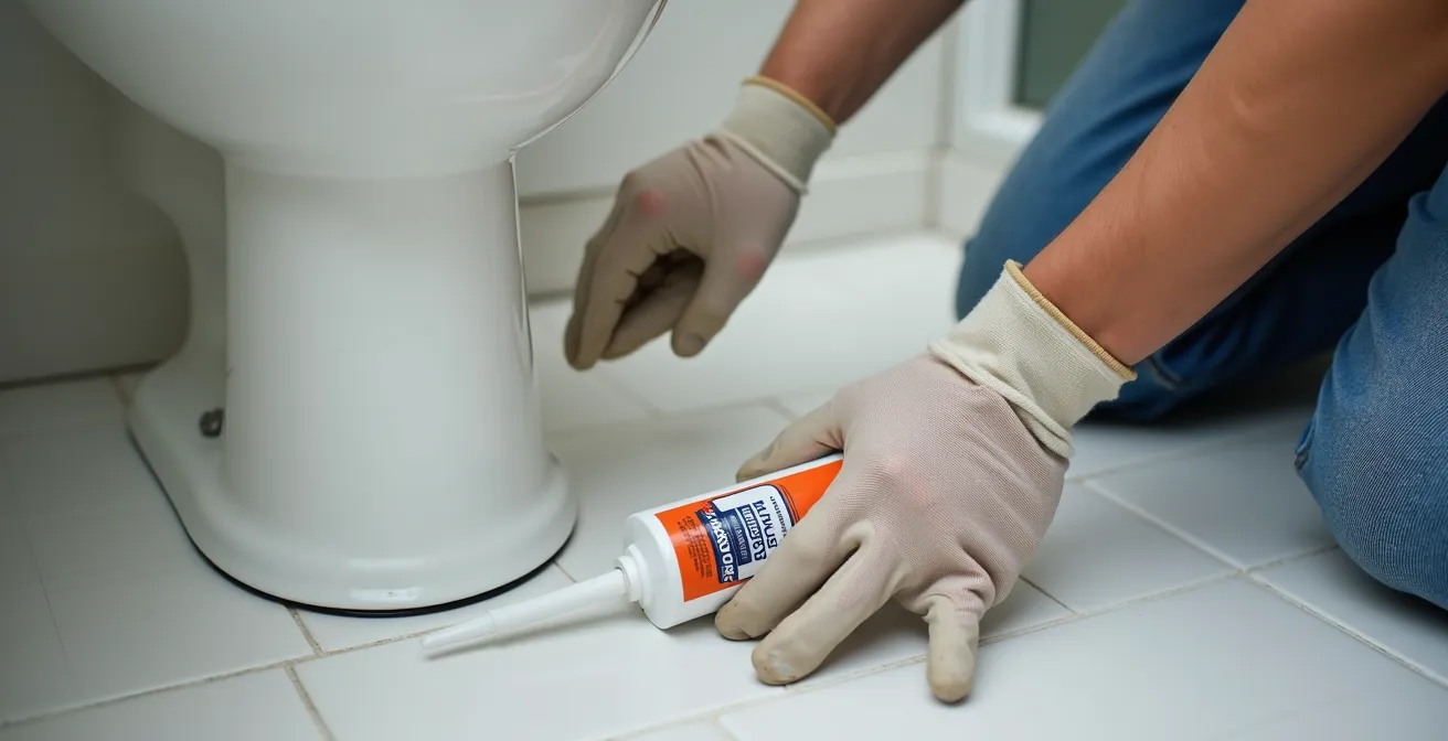 Vue rapprochée de la base d'une toilette montrant l'application correcte du joint de silicone avec espace témoin à l'arrière