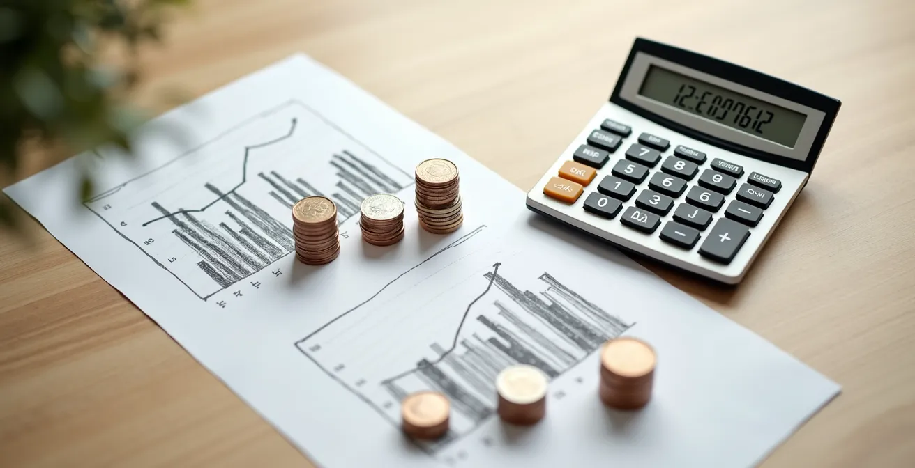 Bureau minimaliste avec calculatrice, graphiques d'économies et documents financiers flous à l'arrière-plan