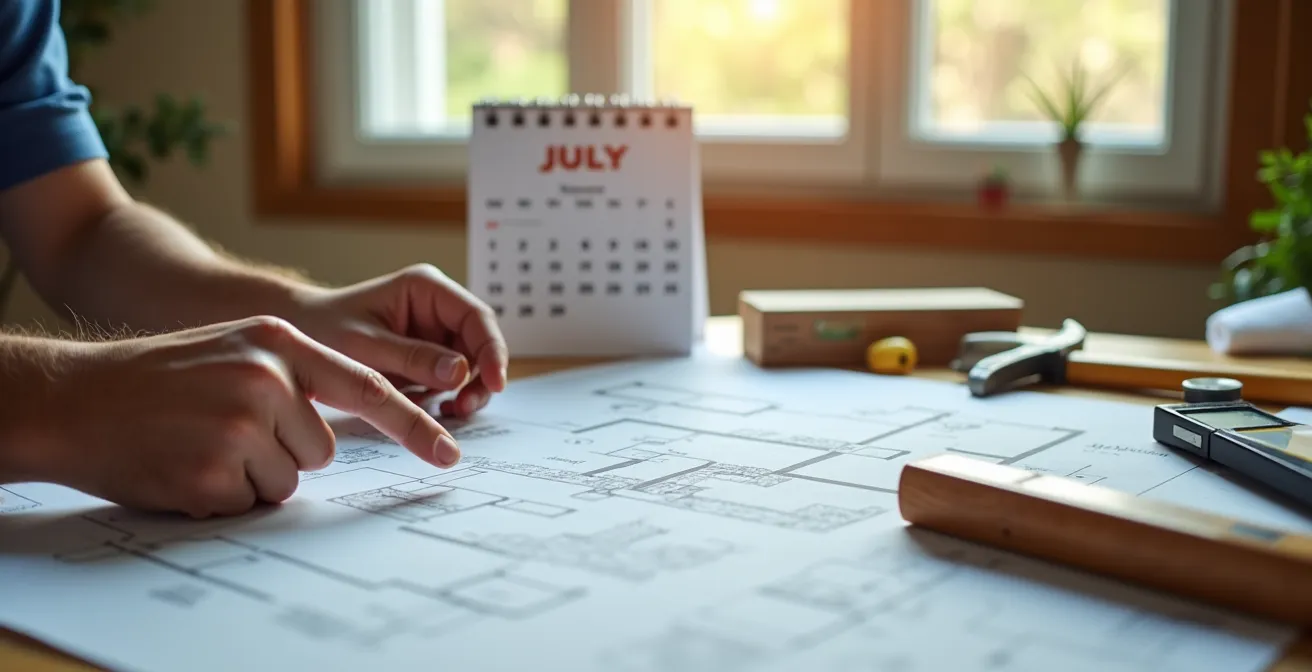 Calendrier de planification des travaux avec outils de construction posés sur une table de travail