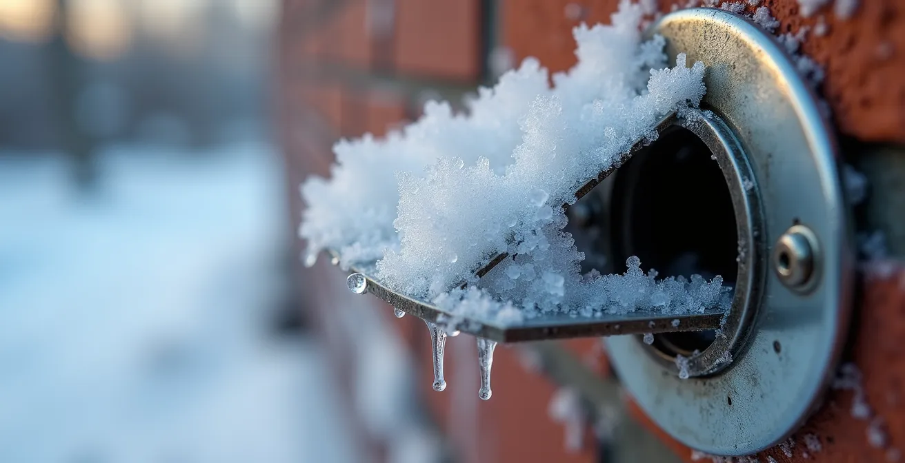 Vue macro d'un clapet de ventilation extérieur avec formation de givre montrant le problème de gel hivernal