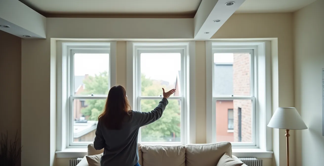 Salon moderne montréalais avec poutre structurale visible intégrée harmonieusement