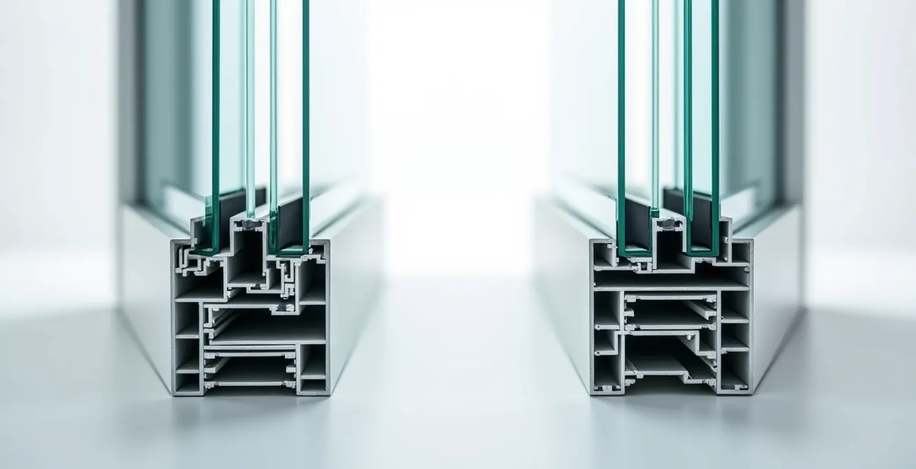 Coupe transversale montrant la différence entre double et triple vitrage avec intercalaires warm-edge