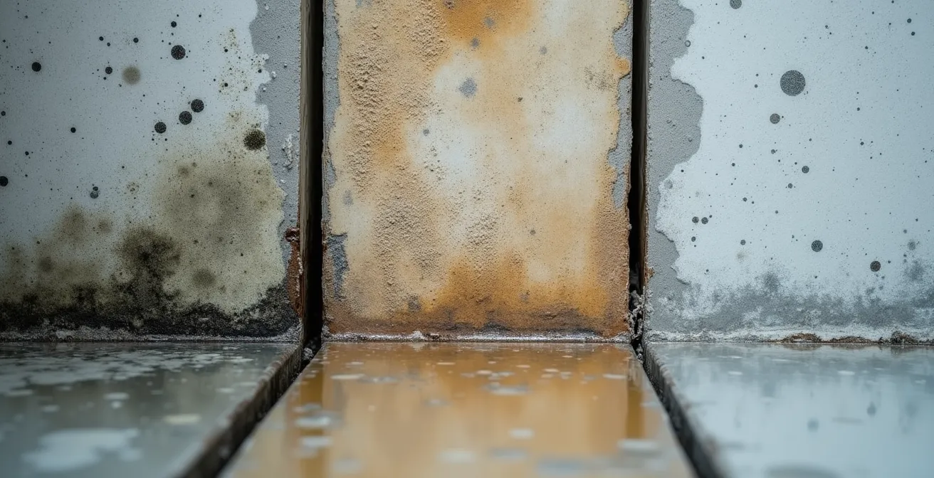 Comparaison visuelle de l'efficacité des produits antimoisissures sur différentes surfaces de mur de sous-sol.