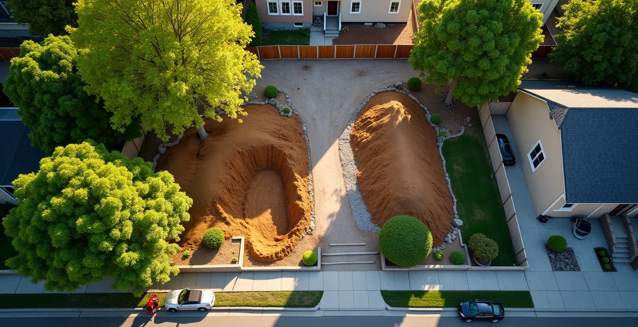 Vue aérienne montrant deux méthodes d'excavation côte à côte sur un terrain résidentiel montréalais