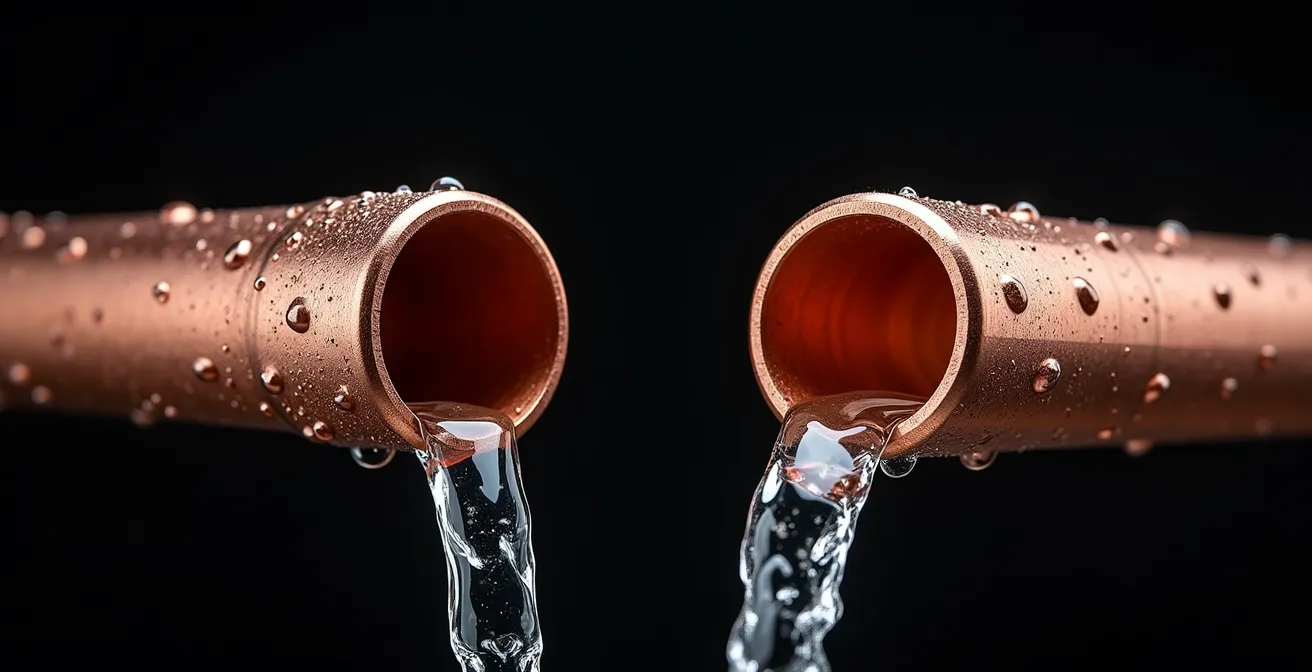 Gros plan macro sur deux sections de tuyaux en cuivre de diamètres différents avec écoulement d'eau visible