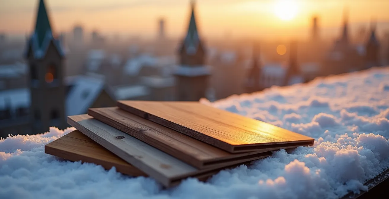 Échantillons de couleurs de composite sous lumière hivernale avec réflexion sur neige