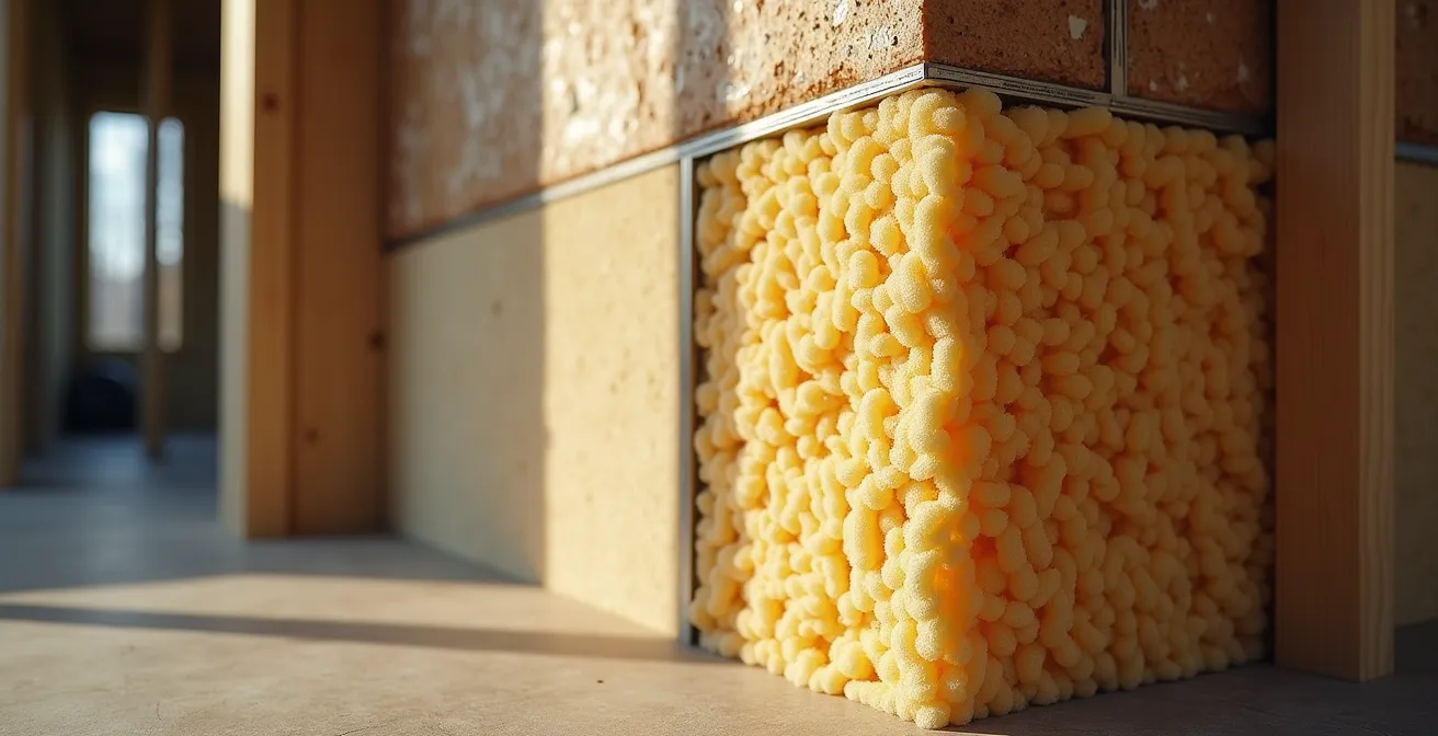 Coupe transversale d'un mur montrant la laine de roche installée dans la cavité entre les montants