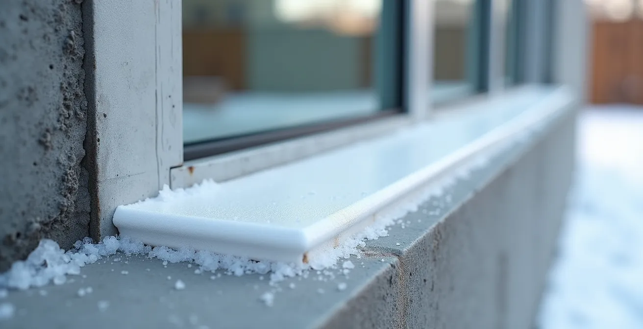 Détail macro d'un joint de calfeutrage professionnel autour d'une fenêtre de sous-sol