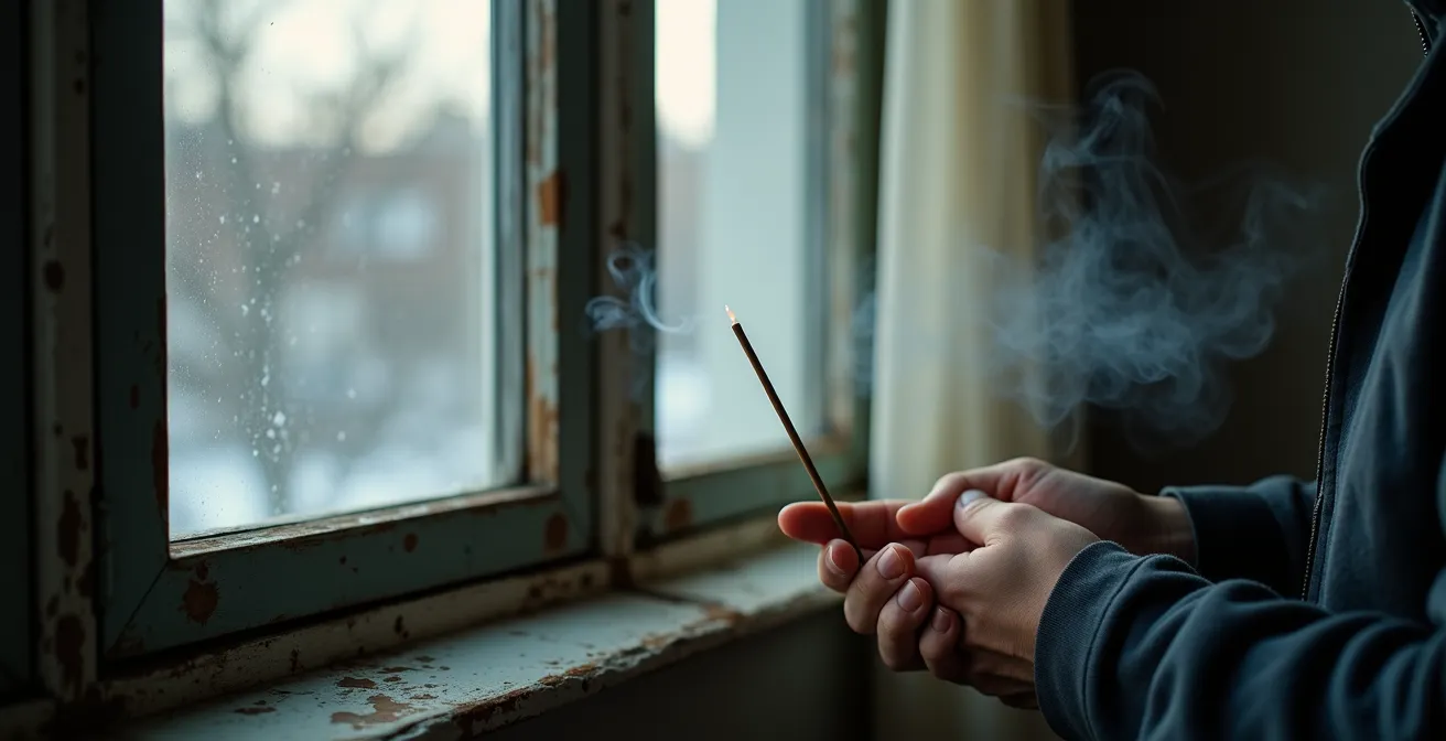 Détection des fuites d'air avec bâton d'encens près d'une fenêtre à guillotine typique de Montréal