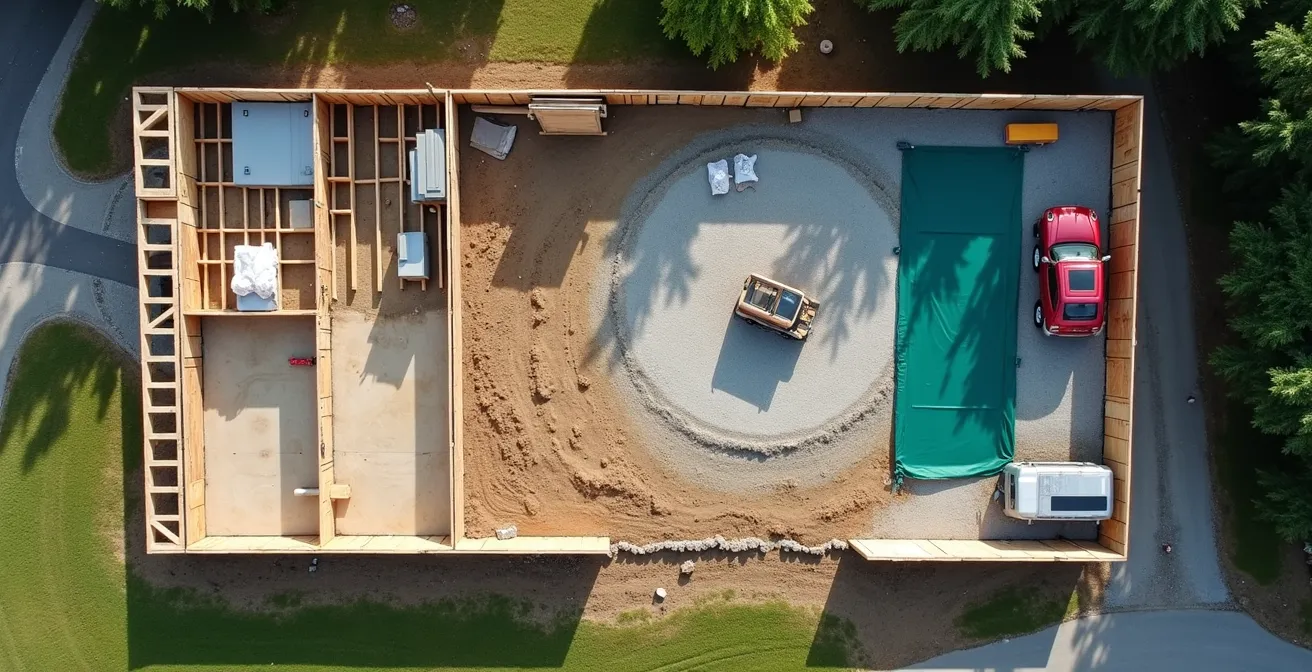 Vue aérienne d'un chantier résidentiel montrant différentes zones de travaux simultanés