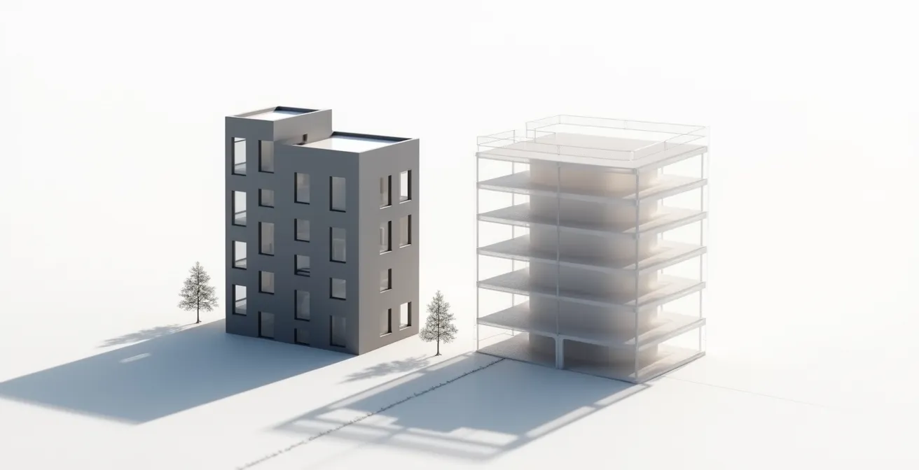 Schéma 3D montrant un duplex montréalais avec visualisation de l'emprise au sol versus le volume total