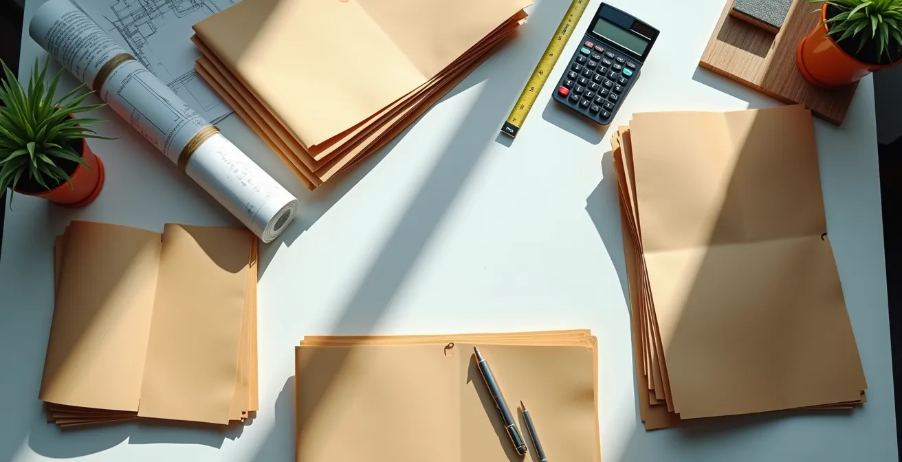 Bureau moderne avec dossier de rénovation complet organisé professionnellement incluant plans, permis et documents techniques