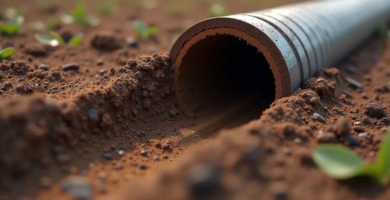 Coupe transversale d'un drain français obstrué par des racines et sédiments