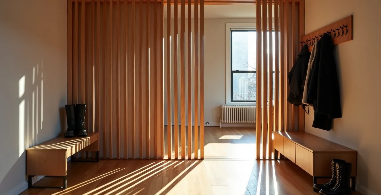 Zone d'entrée délimitée par un claustra en bois dans un salon à aire ouverte montréalais