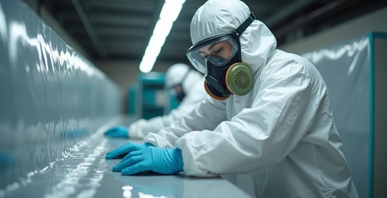 Travailleur professionnel en combinaison de protection complète installant une zone de confinement pour la décontamination de moisissure.