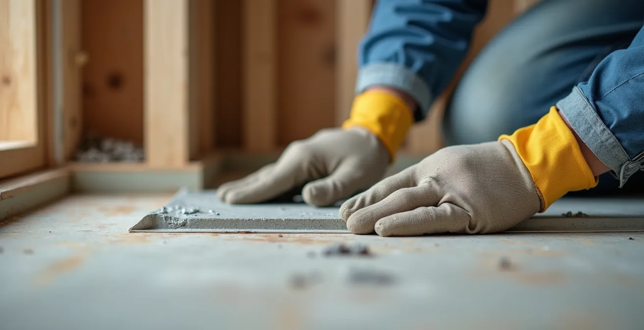 Gros plan sur l'application de scellant acoustique au périmètre d'un mur