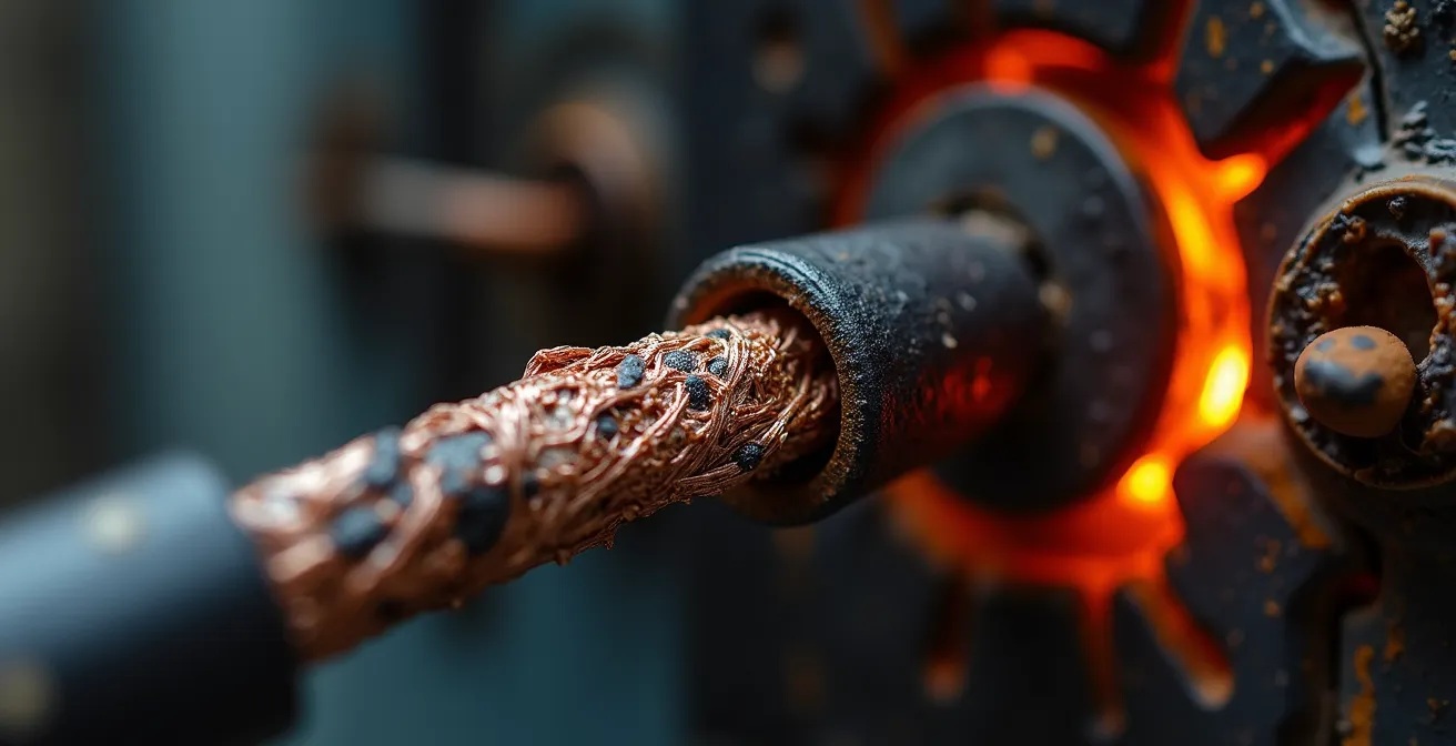 Comparaison visuelle montrant un fusible surdimensionné et les signes de surchauffe sur un fil électrique