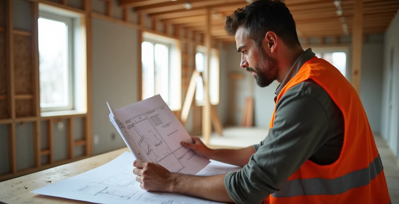 Vue d'ensemble d'un chantier de rénovation résidentiel bien organisé avec zones de travail délimitées
