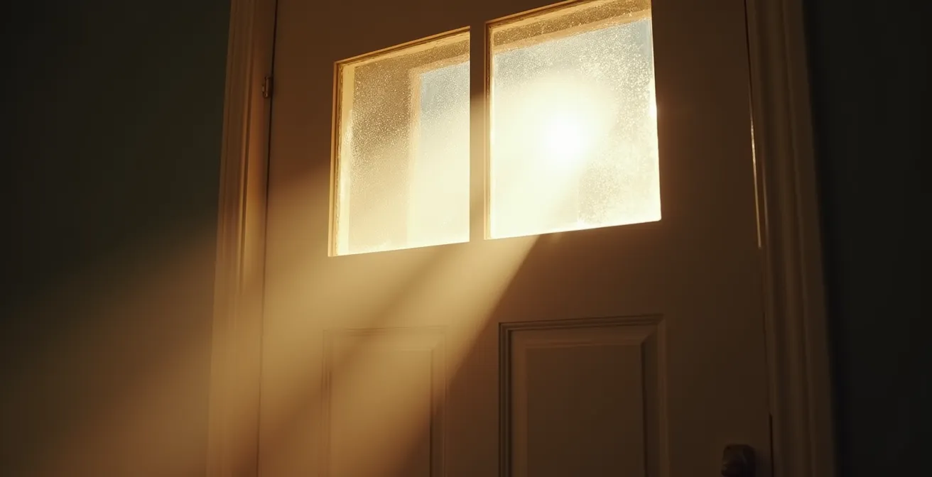 Détail architectural d'une imposte vitrée rectangulaire au-dessus d'une porte intérieure blanche, laissant passer un rayon de lumière.