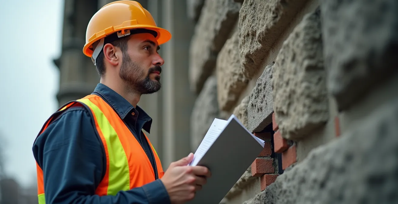 Inspecteur examinant une façade historique avec documents d'infraction