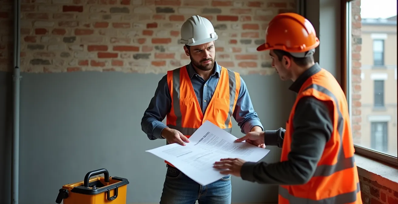 Entrepreneur et inspecteur municipal en discussion constructive sur un chantier de rénovation montréalais