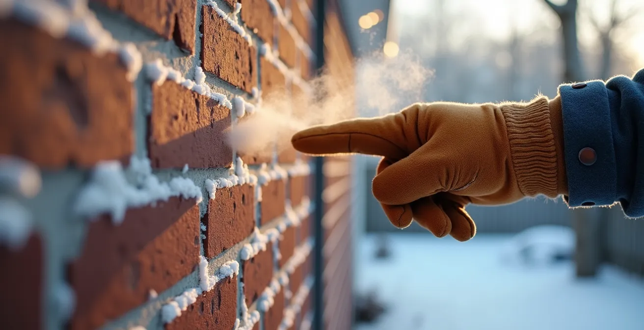 Détail d'un mur extérieur montrant des signes de pont thermique avec condensation visible