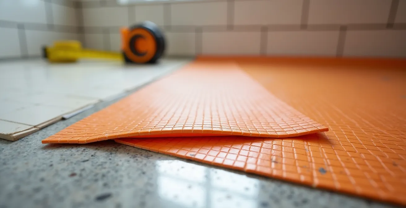 Vue macro détaillée d'une membrane d'étanchéité Schluter installée dans une douche montréalaise en construction