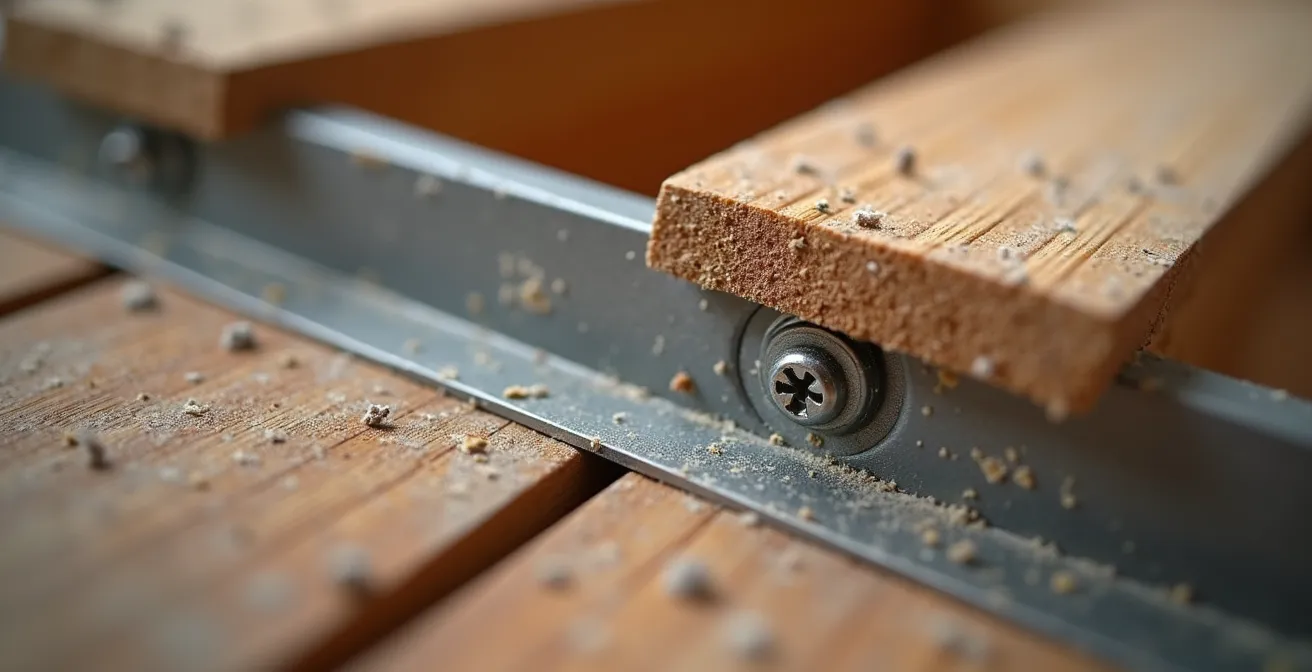 Détail technique montrant l'installation correcte et incorrecte de barres résilientes sur solives