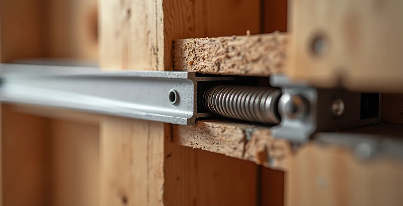 Vue macro détaillée de barres résilientes métalliques installées sur montants de bois avec séparation acoustique visible