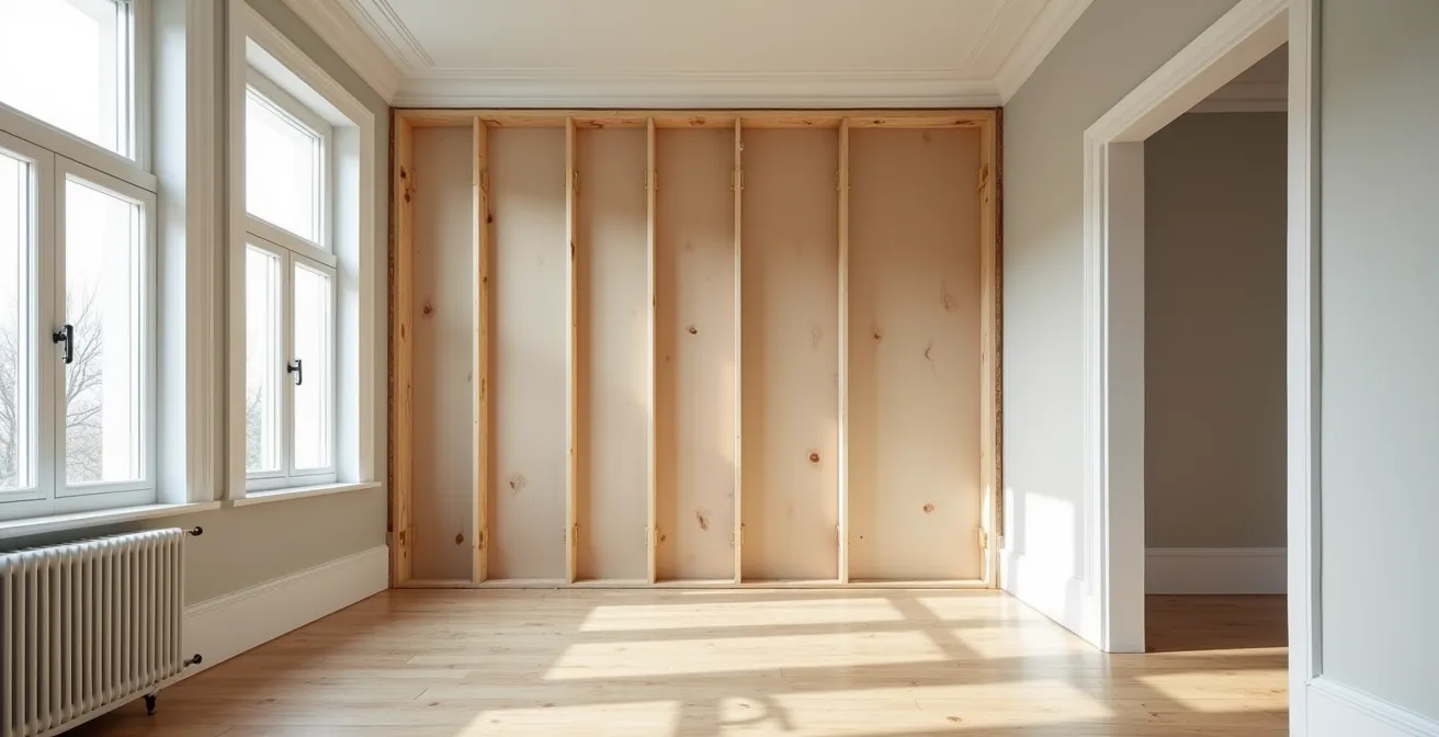 Installation d'un panneau de renfort en contreplaqué sur montants derrière un mur de plâtre pour support de télévision