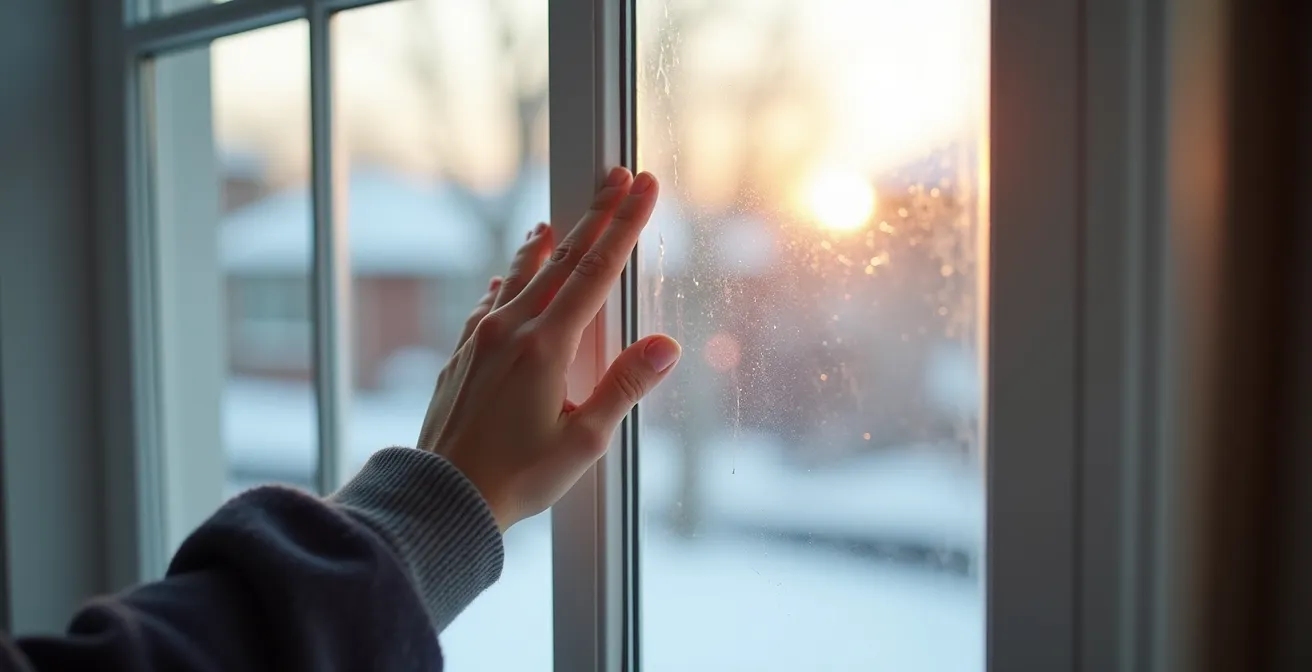 Détail d'un intercalaire warm-edge sur une fenêtre par temps froid montréalais