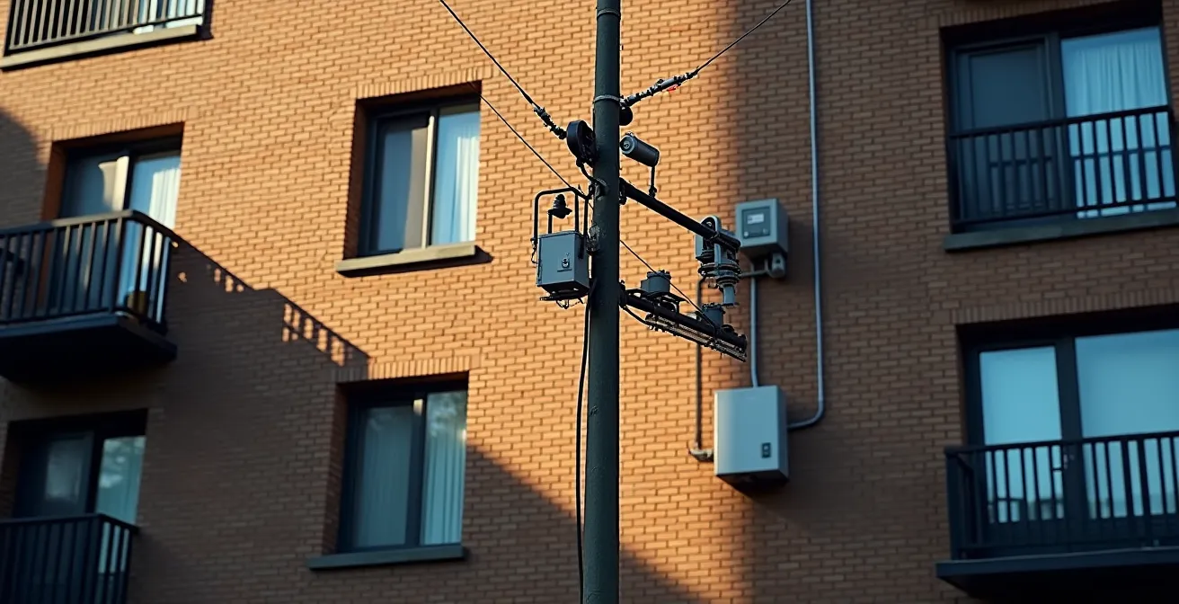 Mât électrique sur mur de maison montrant les zones de dégagement requises