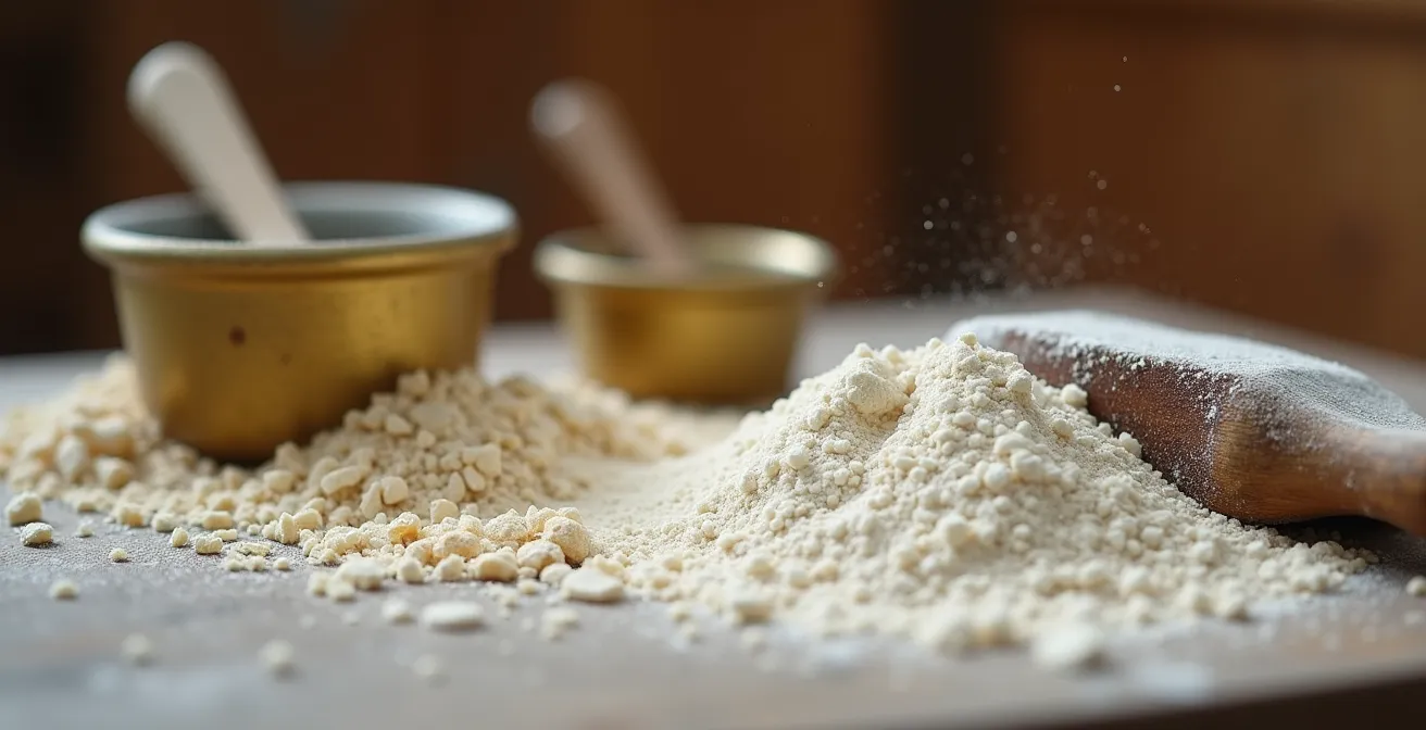 Outils de mesure et mélange de chaux et sable sur un établi d'artisan