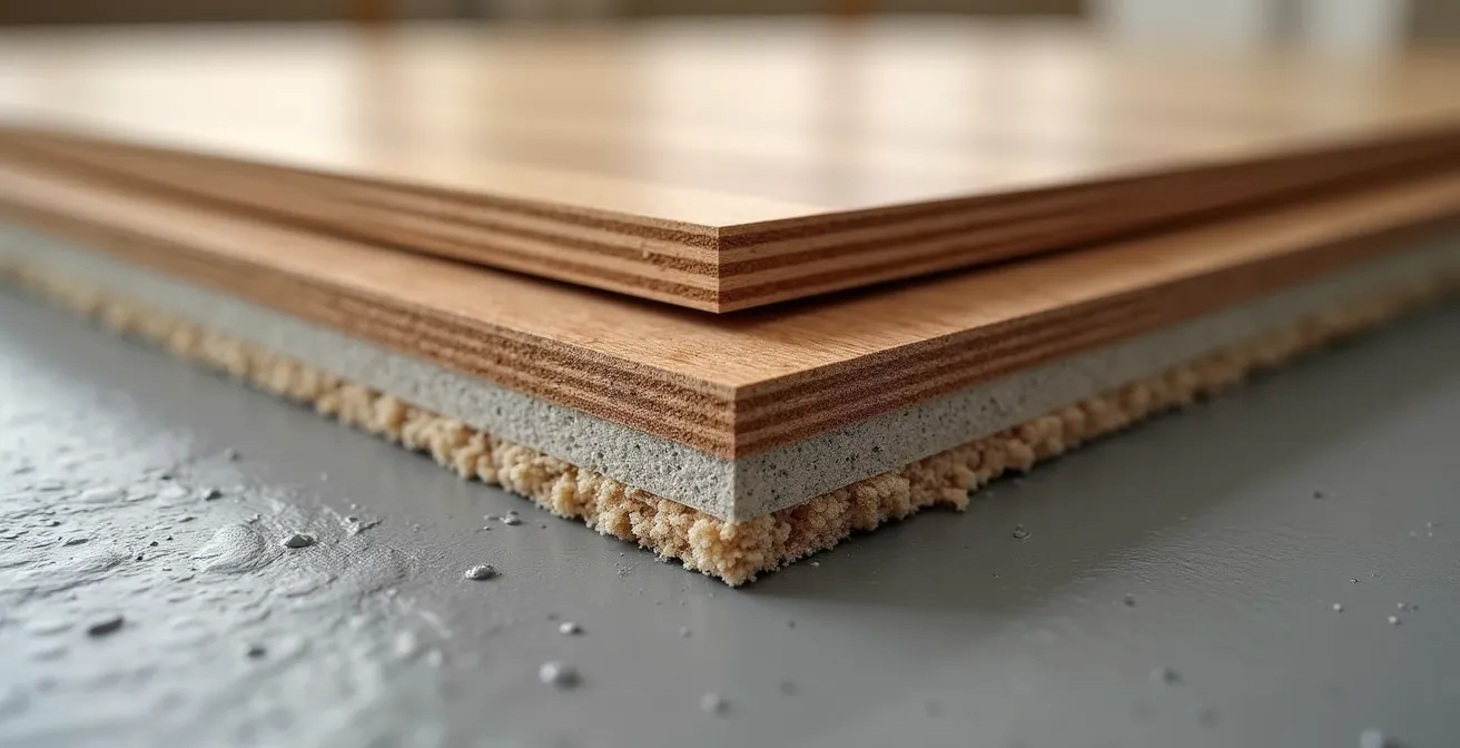 Vue macro détaillée de l'installation d'une membrane acoustique haute performance sous un plancher de bois d'ingénierie