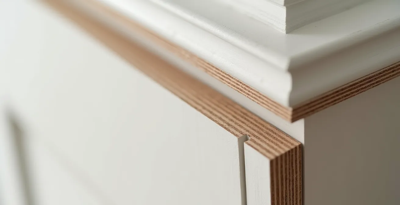 Plan rapproché sur la finition d'un meuble de rangement en contreplaqué de merisier, montrant l'ajustement précis sans toucher les moulures du plafond.