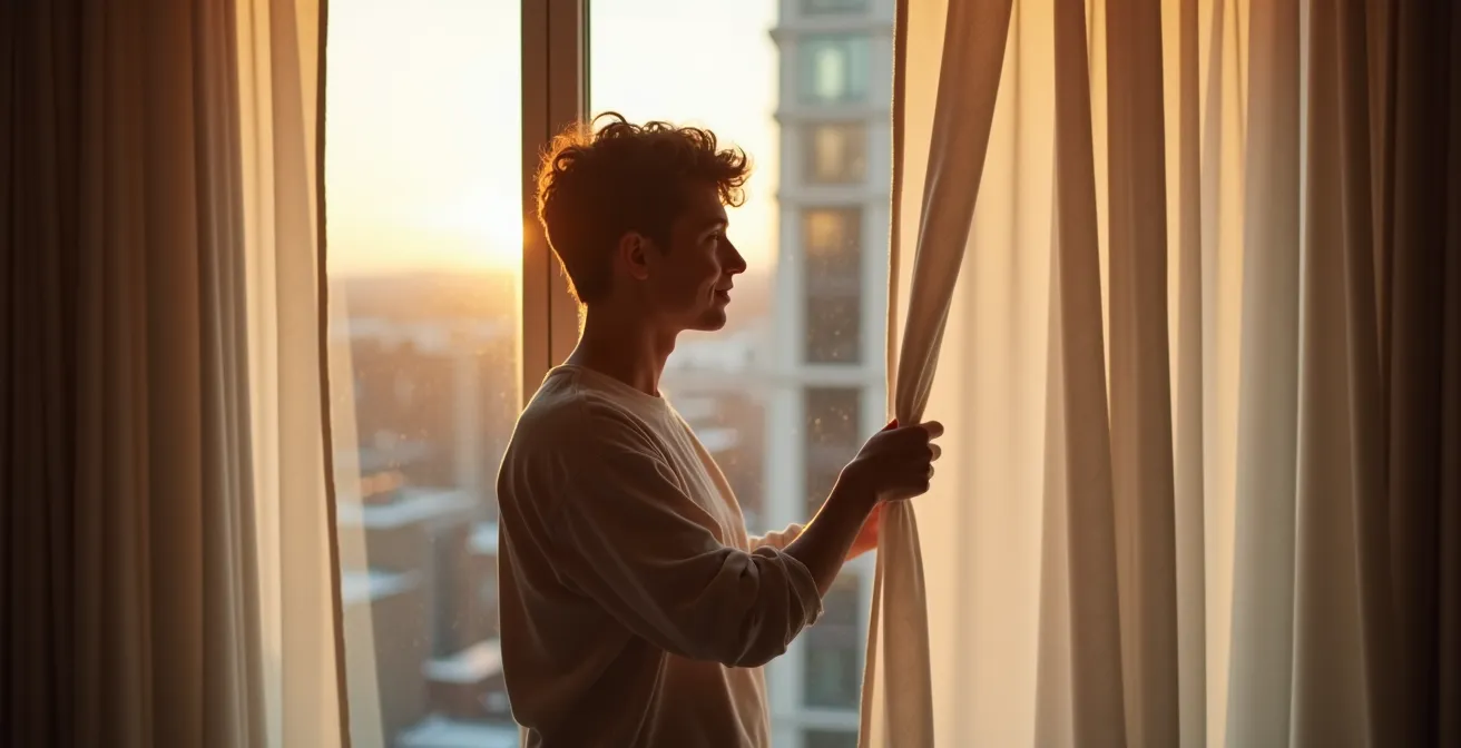 Miroir vertical placé entre deux fenêtres habillées de rideaux du plafond au sol dans un condo montréalais
