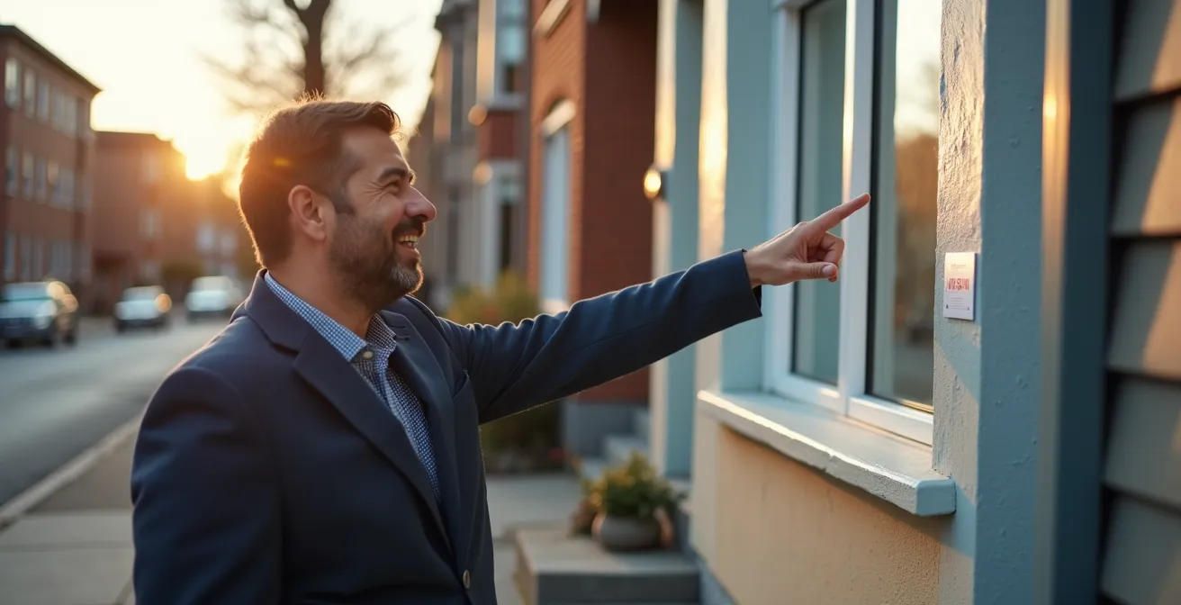 Façade de maison montréalaise avec permis de construction affiché visiblement