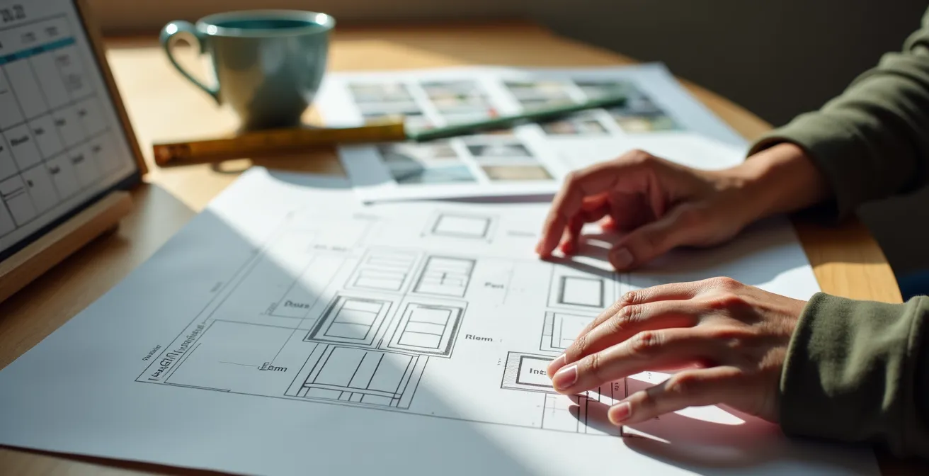 Bureau d'architecte avec plans de rénovation et calendrier de planification pour fenêtres hybrides