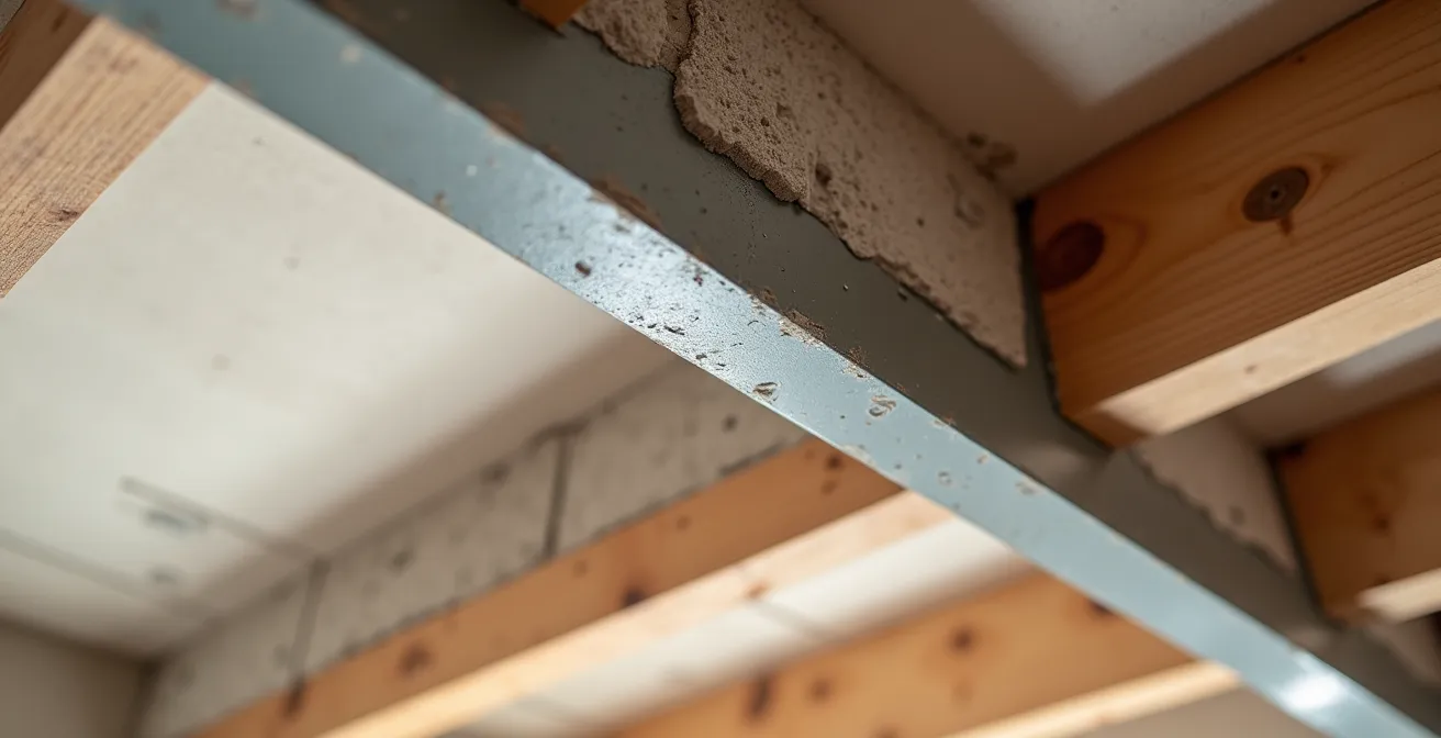 Vue détaillée d'une poutre HSS rectangulaire encastrée dans un plafond avec finition de gypse