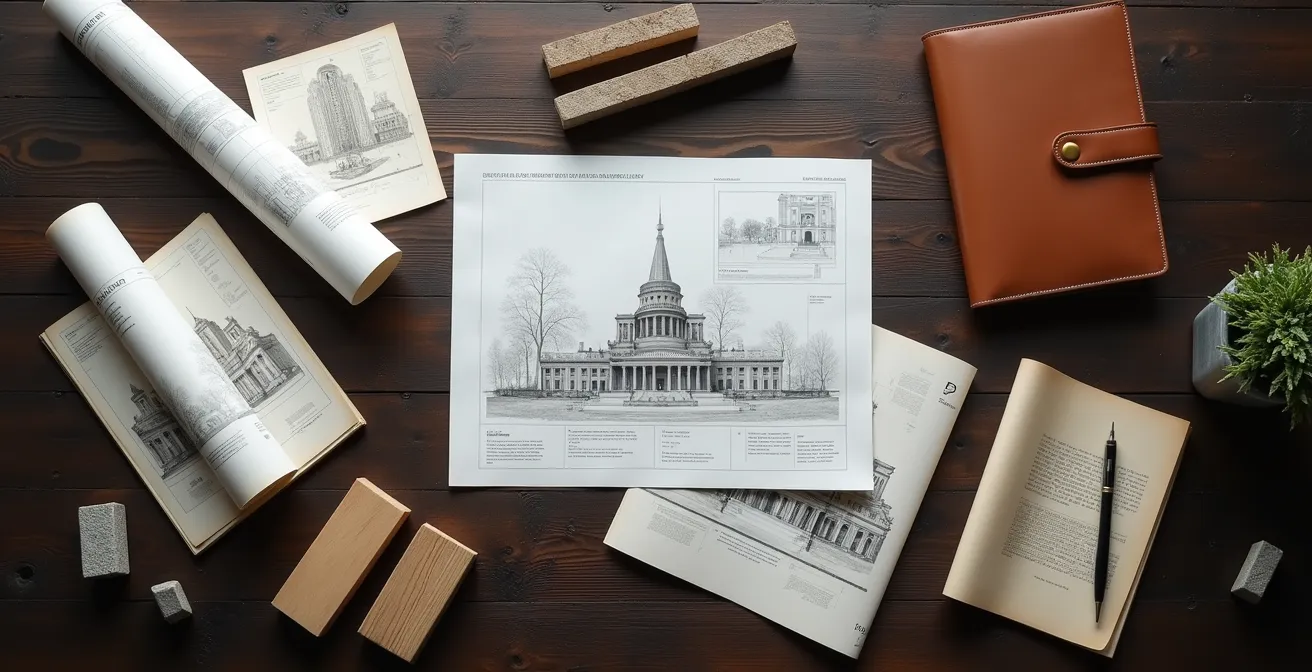 Table de présentation avec plans architecturaux et échantillons de matériaux pour le CCU