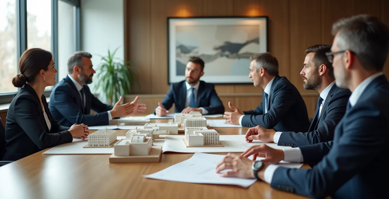 Salle de réunion municipale avec table ovale et chaises, suggérant une présentation au comité d'urbanisme