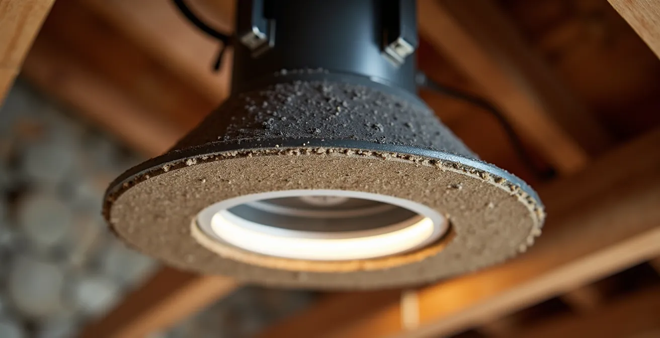 Installation d'un capot de protection en vermiculite autour d'un luminaire encastré avant soufflage de cellulose