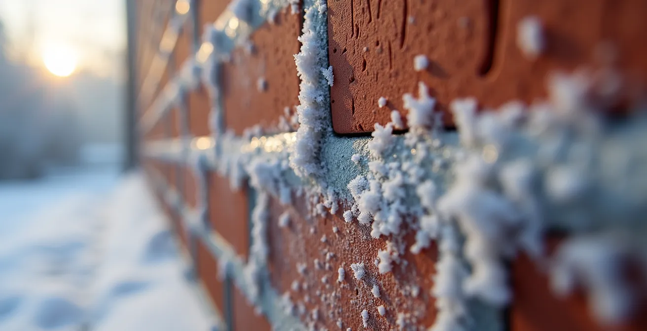 Mur de briques en construction protégé par des bâches isolantes et des chaufferettes