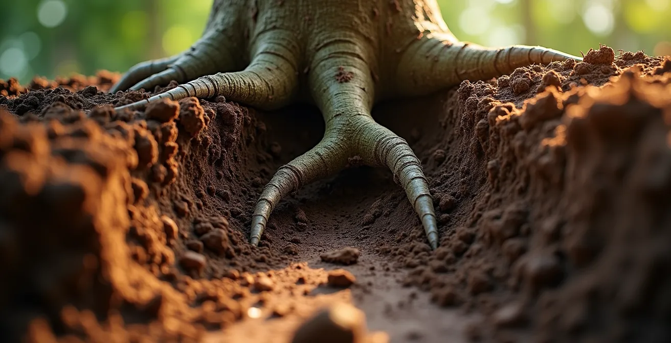 Vue macro de racines d'arbre près d'un drain avec barrière anti-racinaire
