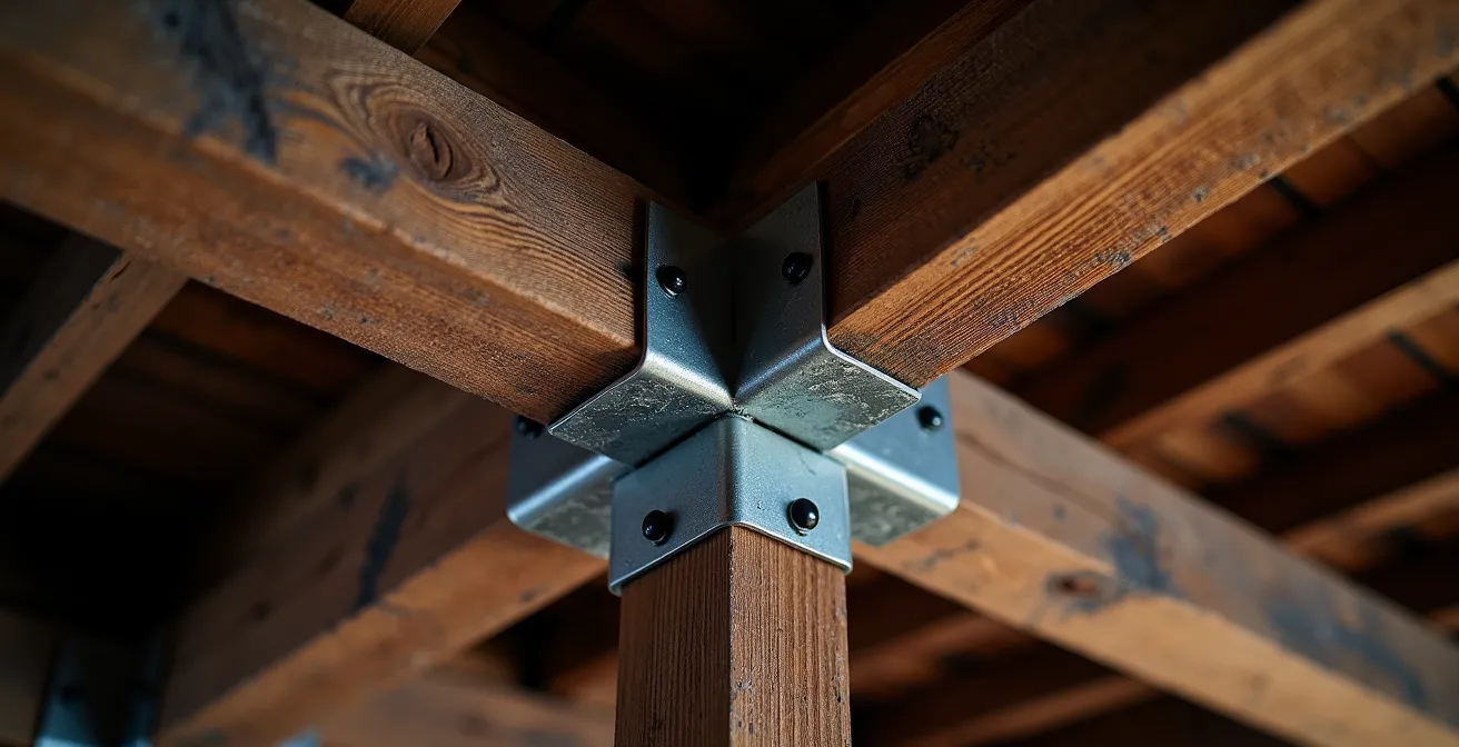 Vue d'ensemble d'une structure de bois centenaire avec renforts métalliques pour mise aux normes sismiques