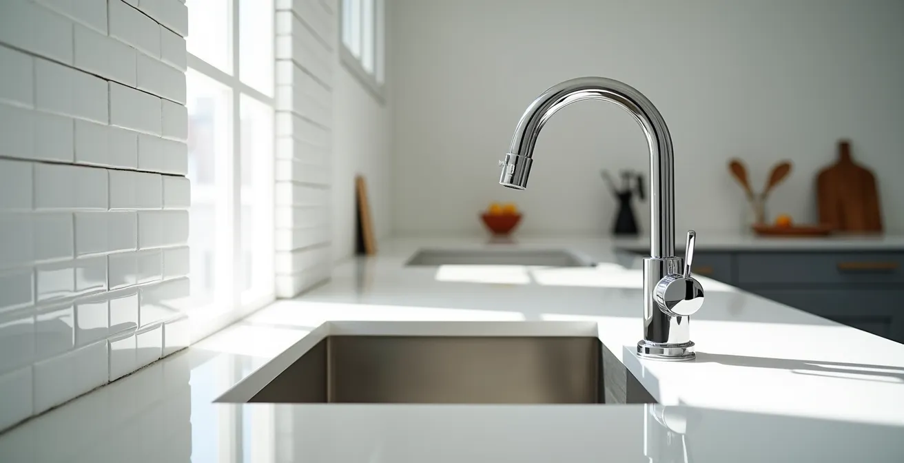 Vue minimaliste d'un robinet de cuisine moderne dans un environnement épuré montréalais
