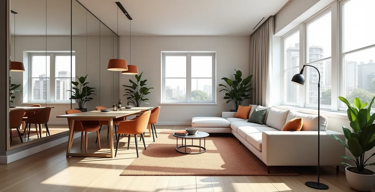 Salon-salle à manger étroit avec zonage par tapis et éclairage en couches