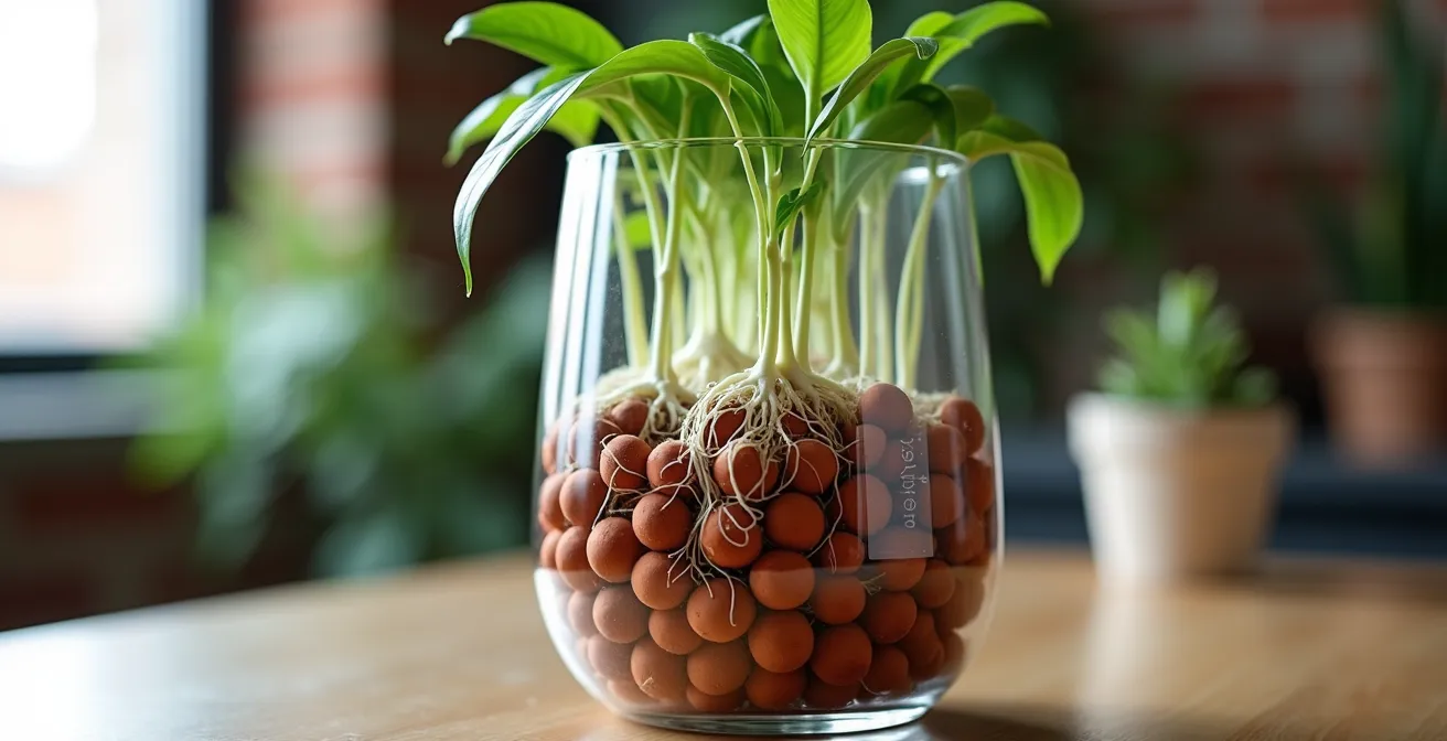 Système semi-hydroponique avec billes d'argile dans un pot transparent montrant les racines saines